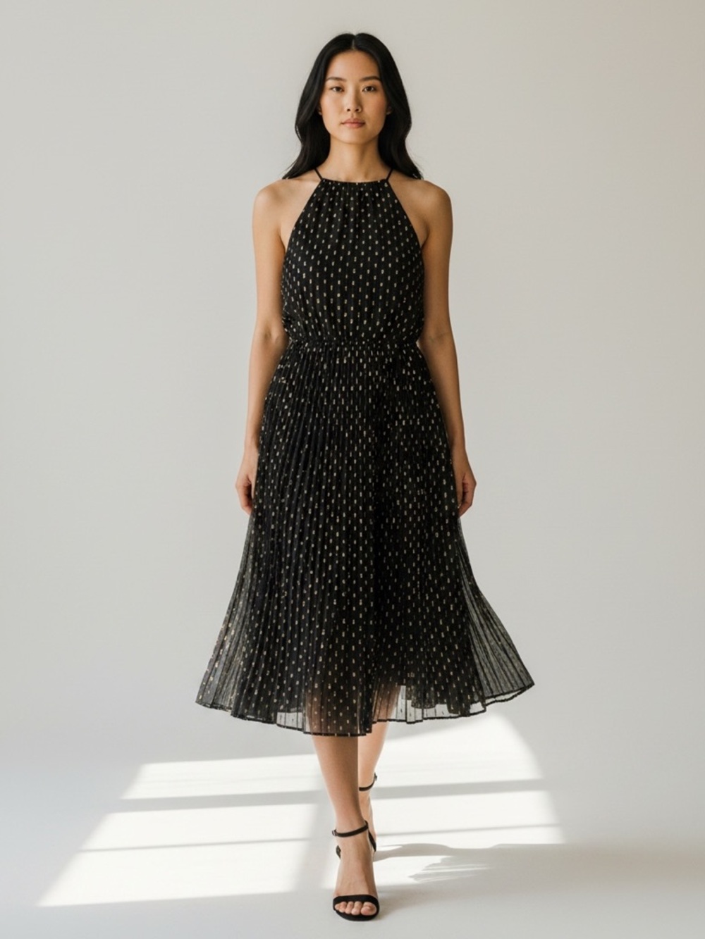 Plenty by Tracy Reese Black gold metallic dot Halter Midi Dress small